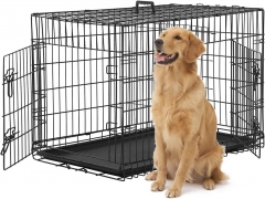 48 inch Large Dog Crate Kennel Metal Wire Indoor/Outdoor Double-Door Folding Dog Cage for Large Medium Puppy Dog Pet Crate with Plastic Tray and Handl