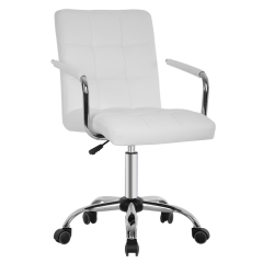 Vanity Chair, Home Desk Chair PU Leather Makeup Chair Height Adjustable Home Chairs For Office Makeup Room Small Desk Chair With Handrail (White)