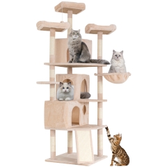 Cat Tree 72.8 inches Large Cat Tower Multi-Level Cat Furniture Activity Center Stand House Plush Cat Condo with Scratching Posts Cozy Basket, Beige