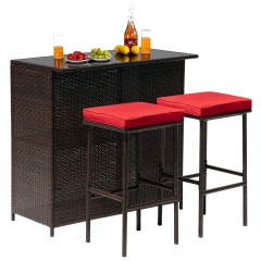 3PCS Patio Bar Set Outdoor Furniture Set Wicker Bistro Set with Two Stools for Patio Backyard Balcony, Red