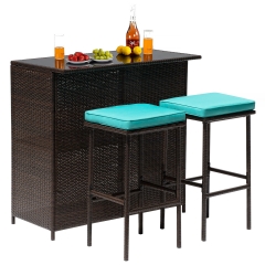 3PCS Patio Bar Set Outdoor Furniture Set Wicker Bistro Set with Two Stools for Patio Backyard Balcony, Blue