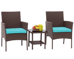 3 Piece Outdoor Furniture Set Patio Brown Wicker Chairs Furniture Bistro Conversation Set 2 Rattan Chairs with Blue Cushions and Glass Coffee Table