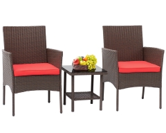 3 Piece Bistro Conversation Set Patio Brown Wicker Chairs Furniture Outdoor Furniture Set 2 Rattan Chairs with Red Cushions and Glass Coffee Table