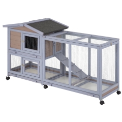 Wood Rabbit Hutch Rabbit Cage Bunny Hutch Rolling Large Bunny Cage Indoor Outdoor Two Story Guinea Pig Hutch Rabbit House With Wheels&Waterproof Roof