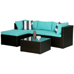 5 Pieces Rattan Patio Furniture Sets All Weather Wicker Sectional Sofa Modular Outdoor Conversation Sofa Set with 2 Red Pillow 2 Corner Chair, Blue