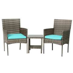 3 Piece Outdoor Furniture Set Patio Gray Wicker Chairs Furniture Bistro Conversation Set 2 Rattan Chairs with Blue Cushions and Glass Coffee Table