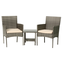 3 Piece Outdoor Furniture Set Patio Gray Wicker Chairs Furniture Bistro Conversation Set 2 Rattan Chairs with Khaki Cushions and Glass Coffee Table