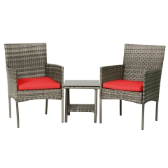3 Piece Outdoor Furniture Set Patio Gray Wicker Chairs Furniture Bistro Conversation Set 2 Rattan Chairs with Red Cushions and Glass Coffee Table