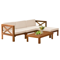5-Piece Acacia Wood Outdoor Sofa Set Patio Bistro Set Furniture Outdoor Chat Conversation Table Chair Set, Khaki