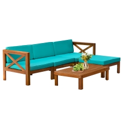 5-Piece Acacia Wood Outdoor Sofa Set Patio Bistro Set Furniture Outdoor Chat Conversation Table Chair Set, Blue
