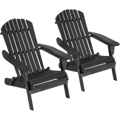 Folding Adirondack Chair Set of 2 Weather Resistant Lawn Chair Poly Lumber Porch Chair Polyethylene Patio Chairs with Wood Texture, Black