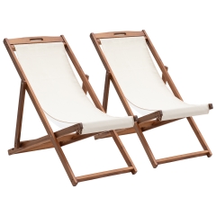 Outdoor Wooden Patio Lounge Chair 2 Set Beach Sling Chair Set Height Portable Reclining Beach Chair Solid Wood Frame, Khaki