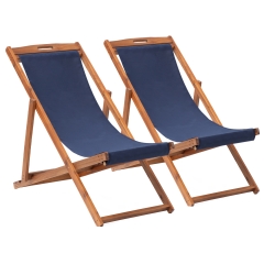 2 Set Outdoor Wooden Patio Lounge Chair Beach Sling Chair Set Height Portable Reclining Beach Chair Solid Wood Frame, Blue