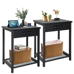 Nightstand, Bedside Furniture, Night Stand, End Table with Charging Station Set of 2 Side End Table with 2 USB Ports and Power Outlets, Black
