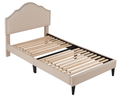 Upholstered Platform Bed Frame Twin Mattress Foundation with Fabric Upholstered Headboard and Wooden Slats Support, Twin