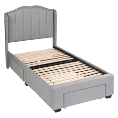 Upholstered Platform Bed Frame Mattress Foundation with 4 Storage Drawers Fabric Upholstered Headboard and Wooden Slats Support, Twin