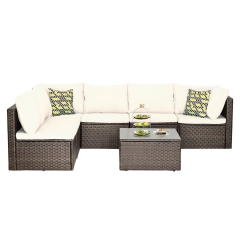 Patio Furniture Set 7 Pieces Outdoor Furniture Wicker Conversation Set Sectional Sofa and Coffee Table Wicker Patio Conversation Sets, Khaki Cushion