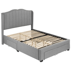 Upholstered Platform Bed Frame Mattress Foundation with 4 Storage Drawers Fabric Upholstered Headboard and Wooden Slats Support, Queen