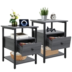 Nightstand with 1 Drawer End Table with Open Wood Shelf Bedside Furniture Charging Station Set of 2 End Table 2 USB Ports and Power Outlets. Grey