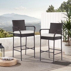 PayLessHere 30" Patio Bar Stools Set of 2 Wicker Outdoor Bar Chairs Rattan Chairs All-Weather Patio Furniture with Footrest Armrest and Khaki Cushion