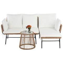 Rattan Patio Furniture Set L-Shaped Rope Woven Outdoor Furniture Sectional Conversation Sofa Set Side Table and Comfortable Cushions  Backyard White