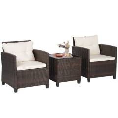 Patio Furniture Set PE Rattan Wicker 3 Pieces Outdoor Sofa Set Washable Cushion and Tempered Glass Tabletop, Furniture for Garden Poolside Khaki