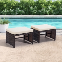 2 Pcs Patio Ottomans, Weather-Resistant Outdoor Footstool with Removable Soft Cushion,Multipurpose PE Rattan Furniture Footrest Seat Khaki