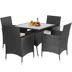Outdoor Wicker Dining Set 5-Pieces Patio Furniture Sets Rattan Chair  Set w/4 Chairs and Square Glass Dining Table with Umbrella Hole Khaki Cushion