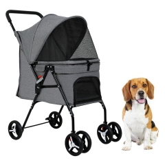 BestPet Pet Grey Stroller Folding Dog Stroller 4 Wheels Cat Stroller with Large Door Curtain Ventilate Mesh Foldable Puppy Stroller for Walking