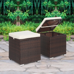 Wicker Ottomans Seat Set of 2 Patio All Weather Rattan Ottomans Outdoor Footstool Footrest Seat Additional  with Storage  Cushion  Patio Garden  Khaki