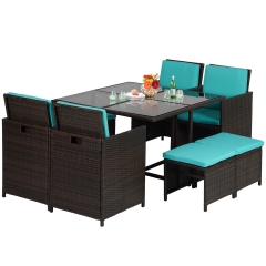 Outdoor Patio Furniture Set 9 Pieces Patio Dining Sets Space Saving Wicker Furniture with 4 Rattan Chairs  for Outdoor Backyard Porch Blue Cushion