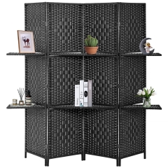 Room Divider 4 Panel Room Screen Divider Wooden Screen Folding Portable Partition Screen Wood with Removable Storage Shelves Color, Black