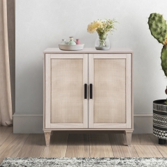 PayLessHere Rattan Storage Cabinet, Cabinet with Handmade Natural Rattan Doors, Non-Slip Rubber Solid Wood Legs,Iron Handles for Living Room, Hallway,