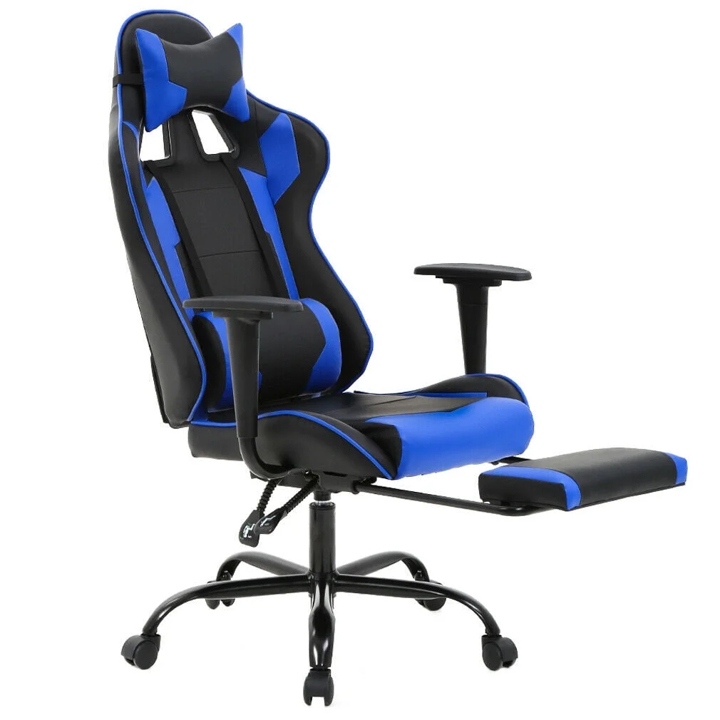 BestOffice Racing Style Gaming Chair with Adjustable Pillows and Footrest for Adult Gamers(Blue)