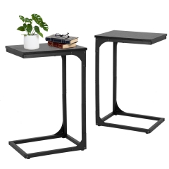 PayLessHere C Shaped End Table with Adjustable Feet,Small Side Table for Couch,Sofa Table with Metal Frame for Living Room,Bedroom, Black (Set of 2)