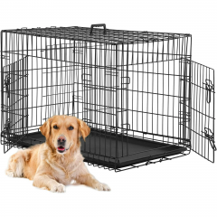 BestPet Dog Crate, 24-inch Wire Double Door Folding with Plastic Tray and Handle, Black