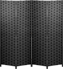 FDW Wood Mesh Woven Design 4 Panel Folding Screen Room Divider, Black