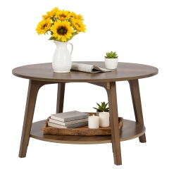 Round Coffee Table with Storage, 2-Tier Modern Wood Center Table Small Space Circle Coffee Table with Sturdy MDF Top & Tapered Legs(Brown)