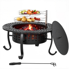 36 Inch Fire Pit with 2 Adjustable Grills, Wood Burning Outdoor Fire Pit with Lid,3-in-1 Fire Pit Table for BBQ, Bonfire & Patio Dining(Black)