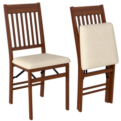 Portable Folding Chairs, Wooden Dining Chairs Set of 2 with Cushion, No Assembly & Compact Design for Kitchen/Dining/Living Room, Brown