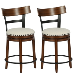 Set of 2 Swivel Counter Height Bar Stools, 24" Counter Stools with Back, 360° Swivel Upholstered Seats, Metal & Wood Frame with Footrest, Brown Set of 2 Swivel Counter Height Bar Stools, 24" Counter Stools with Back, 360° Swivel Upholstered Seats, Metal & Wood Frame with Footrest, Brown