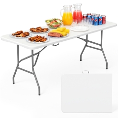 6 Foot Folding Table, Portable Plastic Table with Carrying Handle Perfect for Indoor, Outdoor, Party, Dining, Wedding, Events, Camping, White