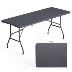 6 Foot Folding Table, Portable Plastic Table with Carrying Handle Perfect for Indoor, Outdoor, Party, Dining, Wedding, Events, Camping, Grey