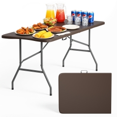 6 Foot Folding Table, Portable Plastic Table with Carrying Handle Perfect for Indoor, Outdoor, Party, Dining, Wedding, Events, Camping, Brown