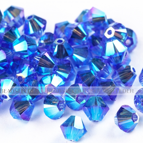 50pcs Austrian Crystal Beads, 5301/5328 4mm, Bicone beads,  Sapphire AB2X / 206AB2X, Size: about 4mm long, 4mm wide, Hole: 1mm