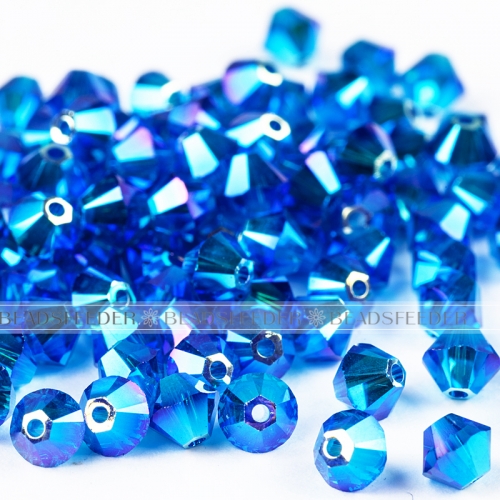 50pcs Austrian Crystal Beads, 5301/5328 4mm, Bicone beads,  Capri blue AB2X / 206AB2X, Size: about 4mm long, 4mm wide, Hole: 1mm