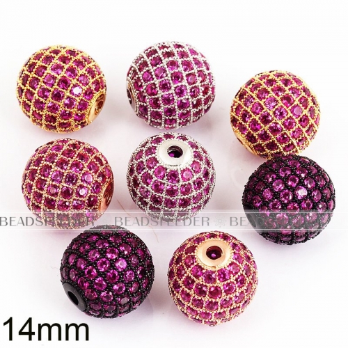 14mm Fuchsia CZ shamballa round ball bead Micro Pave Bead,Clear Cubic Zirconia CZ beads,for men and women Bracelet