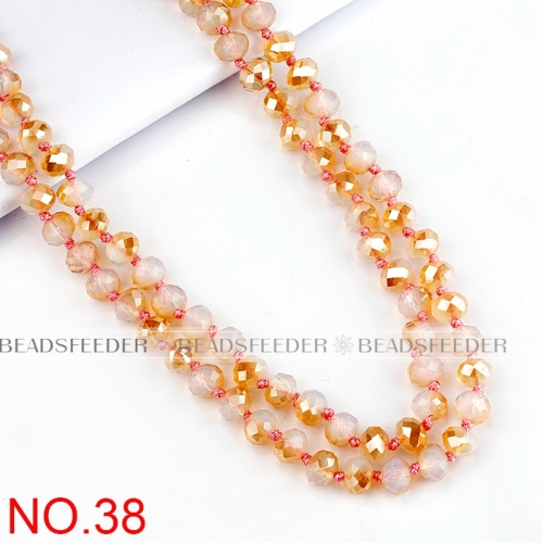 60'' inch, white opal champagne , knotted necklace chain,ready to wear, 8mm crystal glass beads knotted, , 1 strand