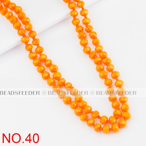 60'' inch,  orange , knotted necklace chain,ready to wear, 8mm crystal glass beads knotted, , 1 strand