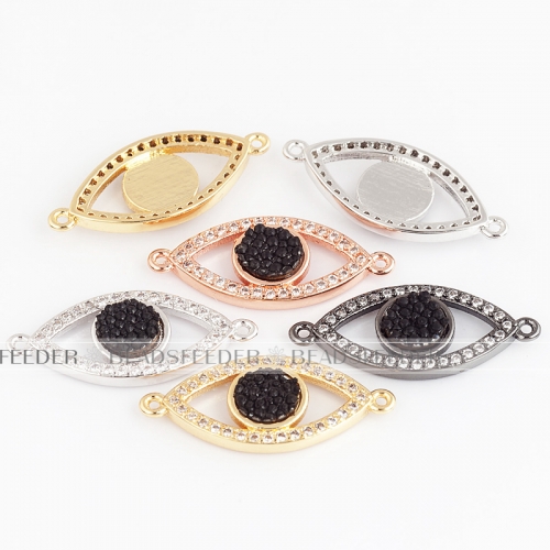 Evil eye connector with genuine black Stingray skin,clear CZ micro pave , space connector ,24x10x3mm 1pc